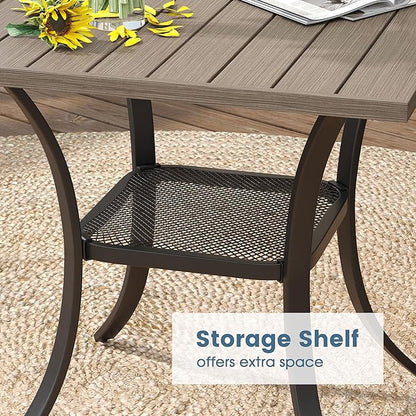 DIFY 3 Pieces Outdoor Patio Dining Set for 2, 27.6" Small Grey Wood-Like Walnut Square Metal Dining Table and 2 Grey Textilene Swivel Dining Chairs, Outdoor Table and Chairs