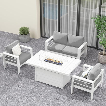 Solaste Aluminum Patio Furniture Set with Fire Pit Table, 4 Piece Metal Outdoor Furniture with Water-Resistant Cushions, Modern Patio Conversation Set for Balcony, Front Porch, and Backyard, White