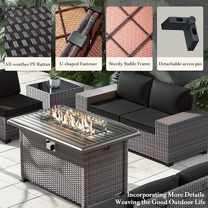 Outdoor Patio Furniture Set with Propane Fire Pit Table, 13 Pieces Outdoor Furniture Patio Sectional Sofa Conversation Sets w/ETL Approved 43" Gas Outdoor Fire Table & Coffee Table(Black)