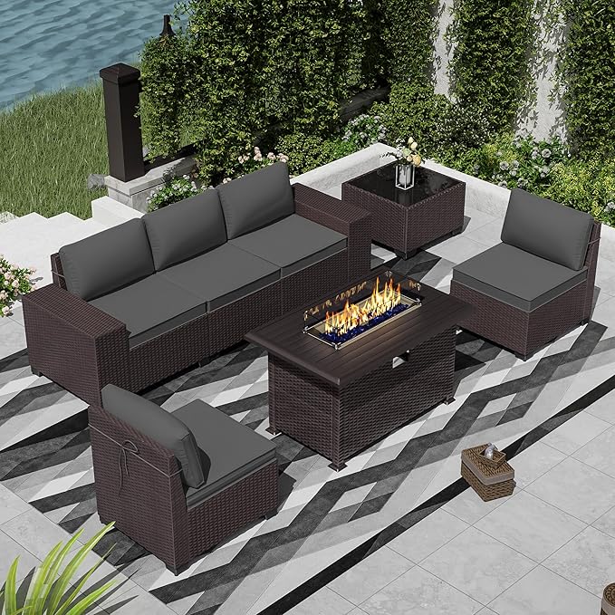 Outdoor Patio Furniture Set with Propane Fire Pit Table, 7 Pieces Outdoor Furniture Patio Sectional Sofa Conversation Sets w/ETL Approved 43" Gas Outdoor Fire Table & Coffee Table (Grey)