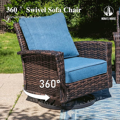Oversized Patio Wicker Chairs, High Back Outdoor Swivel Chairs Set of 2 with Rattan Side Table, 5.5" Thick Cushions, 3-Piece Patio Furniture Sets for Deck Porch Pool, Brown/Blue