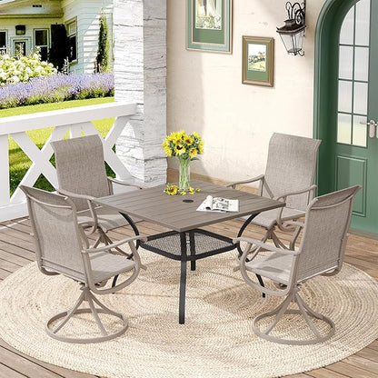 DIFY 5 Pieces Outdoor Patio Dining Set for 4, 37.8" Grey Wood-Like Metal Square Dining Table and 4 Sandshell Textilene Patio Swivel Chairs, Outdoor Table and Chairs