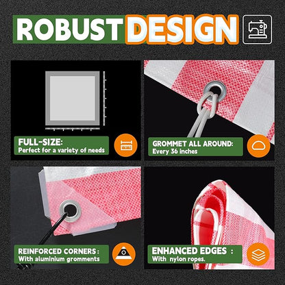 RAINDEWAY Tarps 4x8 Feet,12 Mil Sunshade Striped Tarp Waterproof,Multipurpose Poly Tarp Cover with Grommets and Reinforced Edges,Red/White Tarps