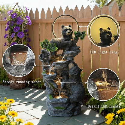 38.2" H Bear Outdoor Fountain with LED Lights and Five Tiered Waterfall Water Features,Suitable for Courtyard,Gardenand Indoor Decoration