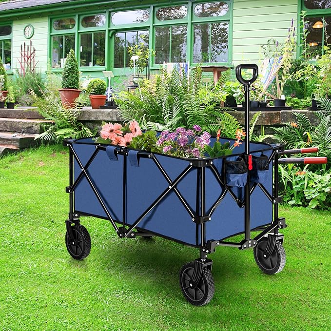 Goplus Collapsible Wagon, Folding Utility Wagon Cart w/Universal Wheels & Adjustable Handle & Cover Bag, Grocery Wagon for Garden Shopping Camping (Navy)