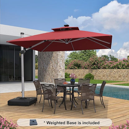 PURPLE LEAF 10 Feet Solar Powered LED Square Cantilever Umbrella With Base Patio Umbrellas Windproof Hanging Outdoor Umbrellas Offset Umbrella, Terra