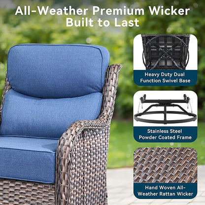 Luxury High Back Outdoor Furniture 6-Inch Thick Cushions with 50,000 BTU Gas Propane Fire Pit Tablet, Patio Furniture Set with Swivel Chairs, 6 PCS for Porch, Balcony, Deck and Yard