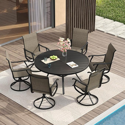 VICLLAX Patio Dining Set for 6, 7 Pieces Outdoor Furniture Includes 47.2" Round Patio Table with Umbrella Hole and 6 Outdoor Swivel Chairs for Lawn Garden, Black Tabletop and Mixed Brown Fabric