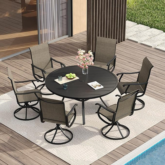 VICLLAX Patio Dining Set for 6, 7 Pieces Outdoor Furniture Includes 47.2" Round Patio Table with Umbrella Hole and 6 Outdoor Swivel Chairs for Lawn Garden, Black Tabletop and Mixed Brown Fabric
