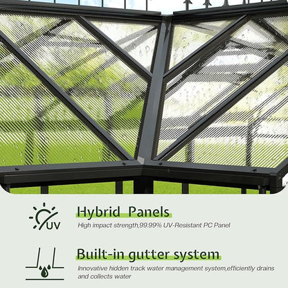 AMERLIFE 12x10x8 FT Hybrid Polycarbonate Greenhouse, Quick-Connect Aluminum Frame, Dual Roof Vents & Double Doors, Walk-in Backyard Greenhouse with Gutters, Black