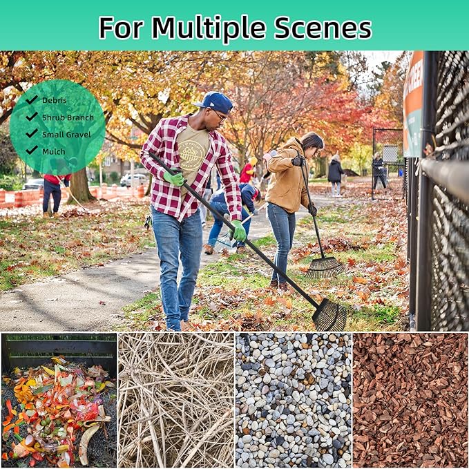 Rake for Leaves Heavy Duty Metal Garden Tools with 64.1 Inch Adjustable Steel Handle 25 Tines Leaf Rakes for Lawns Flower Bed Shrub Camping, Black