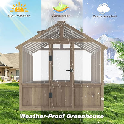 Mupater 6'x12' Wooden Polycarbonate Greenhouse,Outdoor with Ventilated Window and Lockable Door, Walk-in Greenhouse for Backyard, Patio, Lawn, Brown