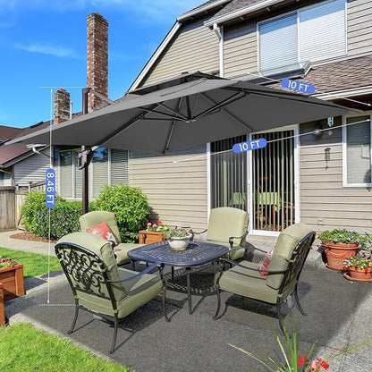10x10 FT Cantilever Patio Umbrella Double Top Outdoor Square Large Heavy Duty Aluminum Offset Umbrellas with 7 Level Tilt 360-degree Rotation for Pool Garden Deck, Grey