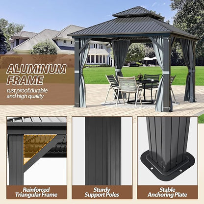 9.5' x 9.5' Hardtop Gazebo, Galvanized Steel Double Roof Gazebo with Nettings and Curtain Outdoor Aluminum Frame Vertical Stripes Roof Gazebos for Patio, Deck,Backyard
