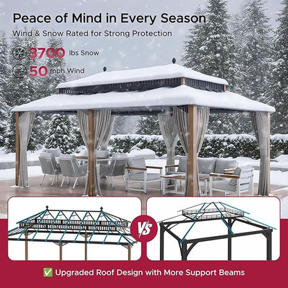 SUNJOY Kingston 20' x 12' Hardtop Gazebo with Galvanized Steel Double Roof, Curtain and Netting, Woodgrain Finish Aluminum Posts Permanent Pavilion Gazebo for Garden, Patio, Deck, Lawn
