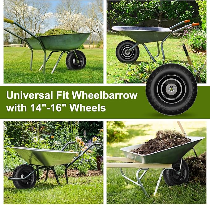 Upgraded 16" Flat Free Wheelbarrow Wheels and Tires, 4.80/4.00-8 Solid Wheelbarrow Tires with 5/8"&3/4" Bearings,14"-16" Universal Fit Wheelbarrow Wheels for Wheelbarrows/Garden Trailer