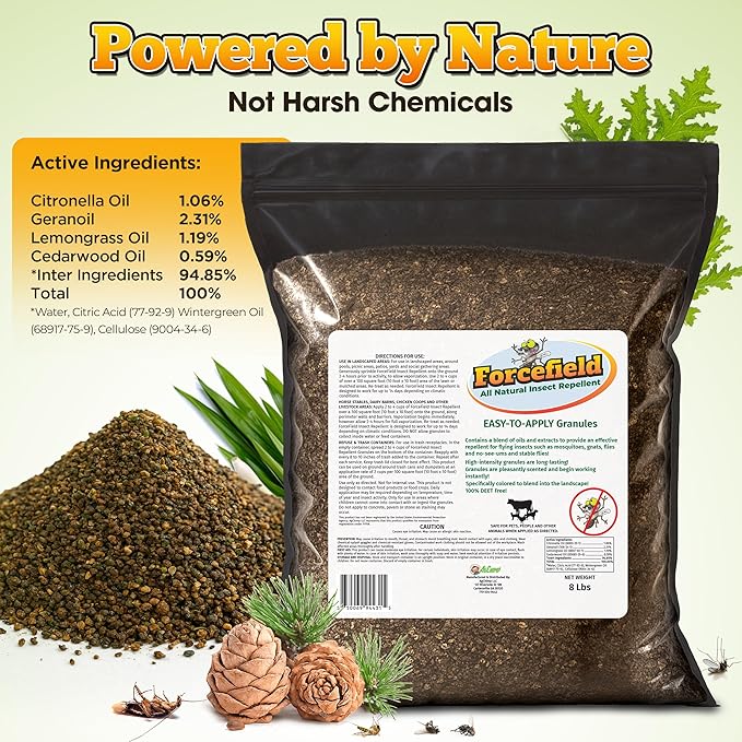 ForceField Natural Flea, Tick, Mosquito Yard Treatment - Repellent Granules for Backyard Mosquito Control | Pet Safe, DEET-Free Outdoor Control | Long-Lasting Barrier for Lawns, Patios, & Barns 8 LB