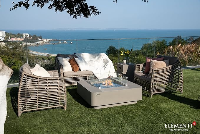 Elementi+ | Bundle Lucerne Gas Fire Pit Cast Concrete 42" Square Fire Table, Outdoor Fire Pit Electronic Ignition | Canvas Cover, Fire Glass and Burner Lid Included | Light Gray | Natural Gas
