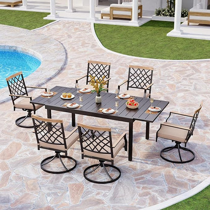 PHI VILLA 7 Piece Outdoor Furniture Dining Set, All-Weather Metal Steel Conversation Set Includes 6 Chairs and 1 Extendable Dining Table for Patio Garden Deck