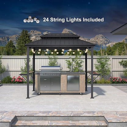 PURPLE LEAF 6' X 9' Hardtop Grill Gazebo for Patio Aluminum Barbeque Canopy with 24 Clear Light Bulbs and Shelves Double Tiered Grey Outdoor BBQ Gazebo