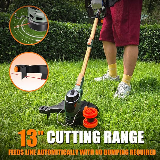 13-Inch String Trimmer Cordless,(2 x 21V 5.0Ah Batteries & Charger), 2 in 1 Trimmer & Edger, Electric Weed Wacker with Auto Rope Spool Feed, 6 Pcs 4M Spool Line for Yard, Garden, Green
