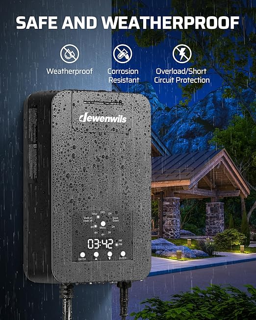 DEWENWILS 300W Low Voltage Landscape Transformer, Outdoor Low Voltage Transformer with Photocell Sensor & Timer, 120V AC to 12V DC, Landscape Lighting Transformer for Spotlight Garden Light Steplight