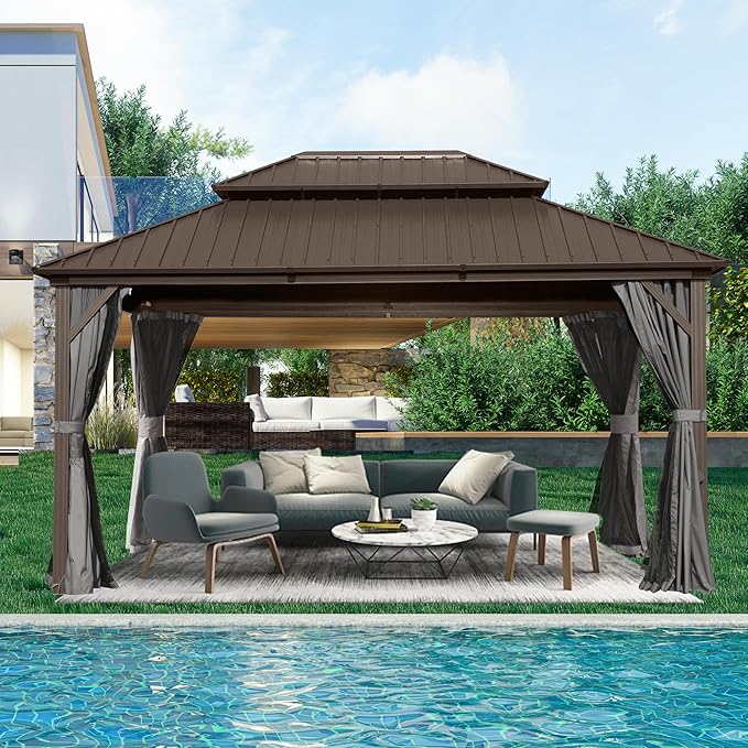 Domi Hardtop Gazebo 12x14FT, Aluminum Outdoor Gazebo with Galvanized Steel Double Roof Canopy, Curtains and Netting Included, Metal Gazebo Permanent Pavilion for Patio, Lawn, Garden, Brown