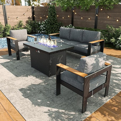 LayinSun 4 Piece Aluminum Outdoor Furniture Set with Fire Pit Table, Outside Patio Deep Seating Conversation Set with Upgraded Washable Thick Cushion