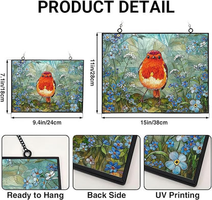 Customized Rectangle Robin Stained Glass Window Hanging Suncatcher Stained Glass Home Decor Garden Halloween Christmas Party Wedding Housewarming Gifts
