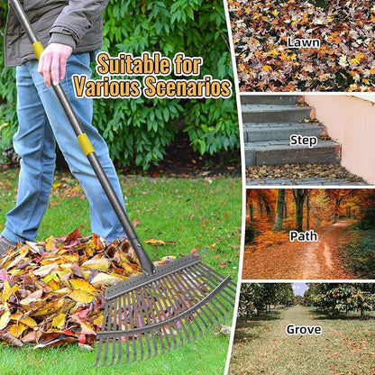 Rake for Leaves, Heavy Duty Metal Leaf Rake with 25 Tines 18" Wide Head, Adjustable 36-73" Long Handle Garden Rakes, Gardening Tools for Lawn, Yard, Shrub, Garden Beds Leaf Cleanup