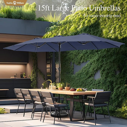 Sophia & William 15 ft Extra Large Patio Umbrella with Base Included, Rectangular Outdoor Umbrella Heavy Duty, Market Umbrella Double-sided Fade Resistant for Pool Garden Backyard, Navy Blue