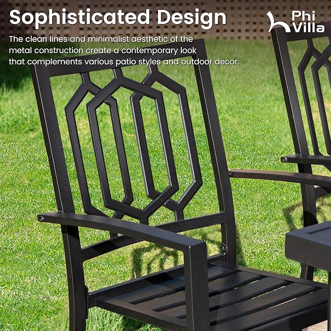 PHI VILLA Patio Dining Set 5 Pcs 1 Metal Square Garden Umbrella Table 37" and 4 Armrest Chairs Support 300 lbs for Ourdoor Backyard Bistro Furniture Set