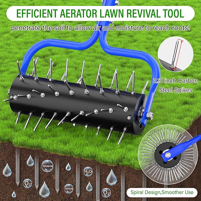 Lawn Aerator Roller,Manual Aerator Tool,Heavy Duty Lawn Spike Aerator Roller with 54 Spikes,79" Adjustable Handle Manual Push Aerator Lawn Tool,Lawn Aeration for Lawn Care & Soil Penetrat