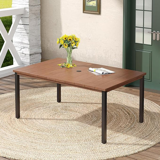 DIFY 63" Outdoor Patio Dining Table for 6, Metal Rectangular Steel Slat Patio Table with 1.57" Adjustable Umbrella Hole, Weather-Resistant for Garden Backyard Poolside Deck, Walnut