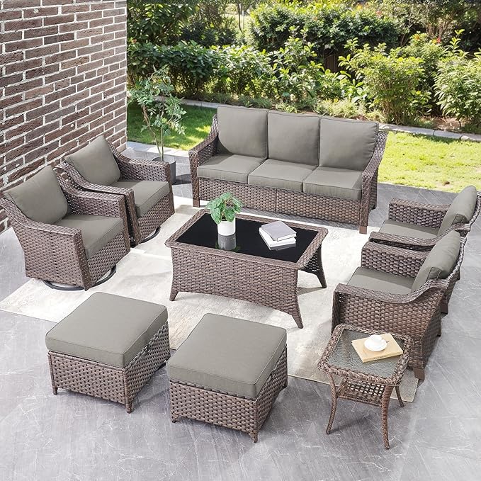 Outdoor Patio Wicker Swivel Chairs - Set of 4 Outside Rattan Rocker Glider Chair Rocking Armchairs for Front Porch Balcony Backyard Yard Deck Poolside Apartment – Brown/Grey