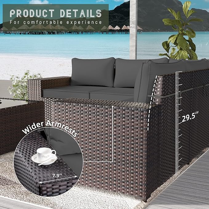 Outdoor Patio Furniture Set, 6 Pieces Outdoor Furniture All Weather Patio Sectional Sofa PE Wicker Modular Conversation Sets with Coffee Table,5 Chairs & Seat Clips (Grey)