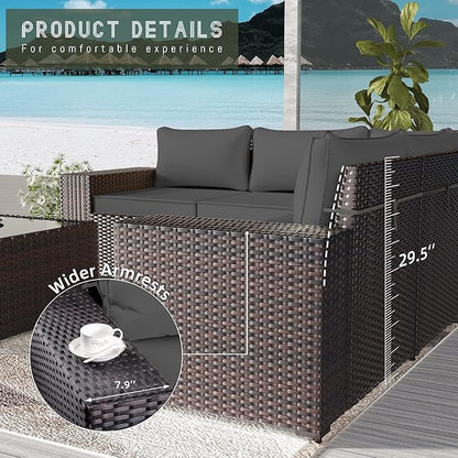 Outdoor Patio Furniture Set, 6 Pieces Outdoor Furniture All Weather Patio Sectional Sofa PE Wicker Modular Conversation Sets with Coffee Table,5 Chairs & Seat Clips (Grey)
