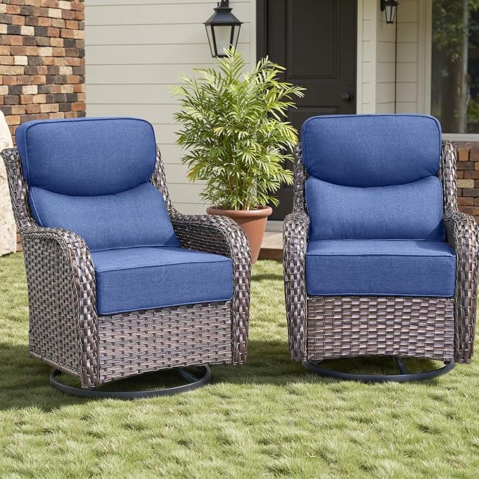 Rilyson Outdoor Patio Swivel Rocker Chairs Set of 2, Waterproof Wicker, High Back, Deep Seating, Wide Armrest, Upgraded 6 inch Thick Cushions, Ideal for Deck Porch Backyard, Brown/Blue
