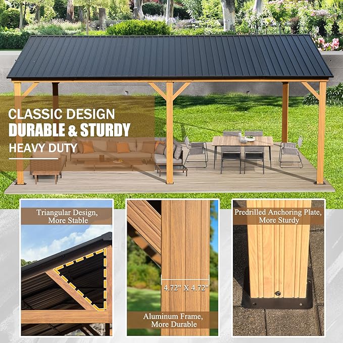 Domi 12' X 20' Hardtop Gazebo with Galvanized Steel Gable Roof and Wood Grain Aluminum Frame, Outdoor Permanent Gazebo Pavilion for Patio, Garden, Deck, Backyard