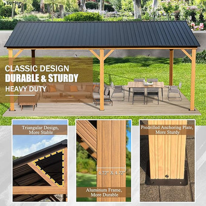 Domi 12' X 20' Hardtop Gazebo with Galvanized Steel Gable Roof and Wood Grain Aluminum Frame, Outdoor Permanent Gazebo Pavilion for Patio, Garden, Deck, Backyard