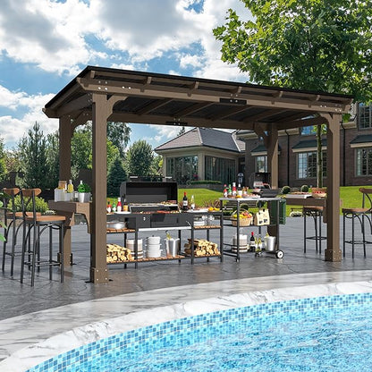 6 x 13 FT Wooden Grill Gazebo with Sloping Metal Roof, BBQ Canopy with Stakes for Outdoor Patio, Garden, Lawn, Light Mocha Brown