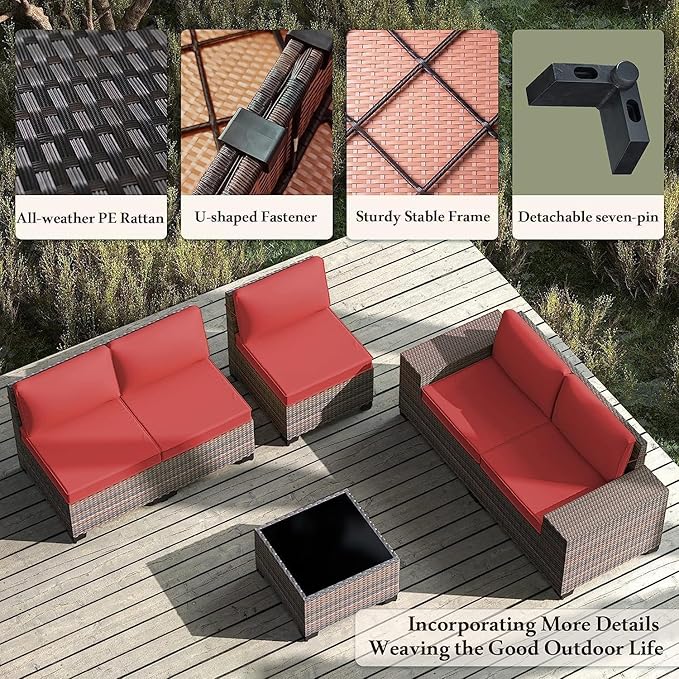 Outdoor Patio Furniture Set, 6 Pcs Outdoor Furniture All Weather Patio Sectional Sofas PE Wicker Modular Conversation Set with Coffee Table,5 Chairs & Seat Clips Red