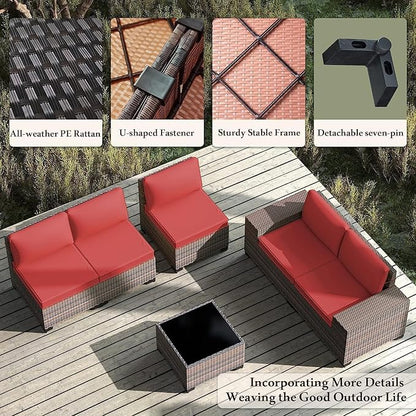 Outdoor Patio Furniture Set, 6 Pcs Outdoor Furniture All Weather Patio Sectional Sofas PE Wicker Modular Conversation Set with Coffee Table,5 Chairs & Seat Clips Red