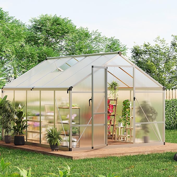 8 x 10 FT Greenhouse, Heavy-Duty Polycarbonate Large Walk-in Greenhouse Roof Vent ,Aluminum Frame & Lockable Door, for Backyard, Green Houses for Outside Garden Backyard