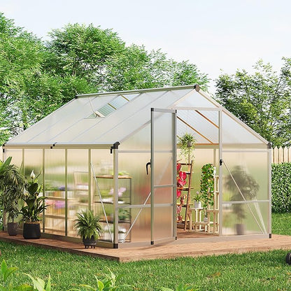 8 x 10 FT Greenhouse, Heavy-Duty Polycarbonate Large Walk-in Greenhouse Roof Vent ,Aluminum Frame & Lockable Door, for Backyard, Green Houses for Outside Garden Backyard