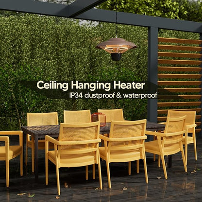 Patio Heater for Outdoor Use 1500W Electric Infrared Hanging Heater, Ceiling Mounted, Waterproof for Porch, Garage, Balcony, Overheat Protection Brown