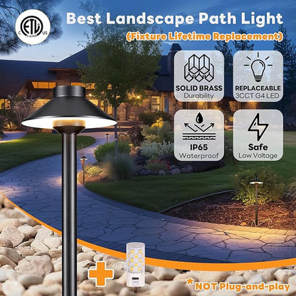 Gardenreet Outdoor Brass Pathway Lights, 2700K/3000K/4000K Adjustable Low Voltage Landscape Path Lighting Wired, 12v Walkway Light LED Waterproof, Black for Outside Garden Yard with G4 Bulb (4 Pack)