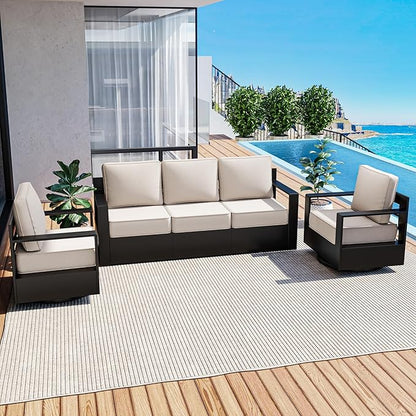 Outdoor Patio Furniture Set, 3-Piece Aluminum Patio Conversation Set All-Weather Metal Outdoor Sectional with 6 Inch Thick Cushions, Deep Setting for Garden, Outside and Porch