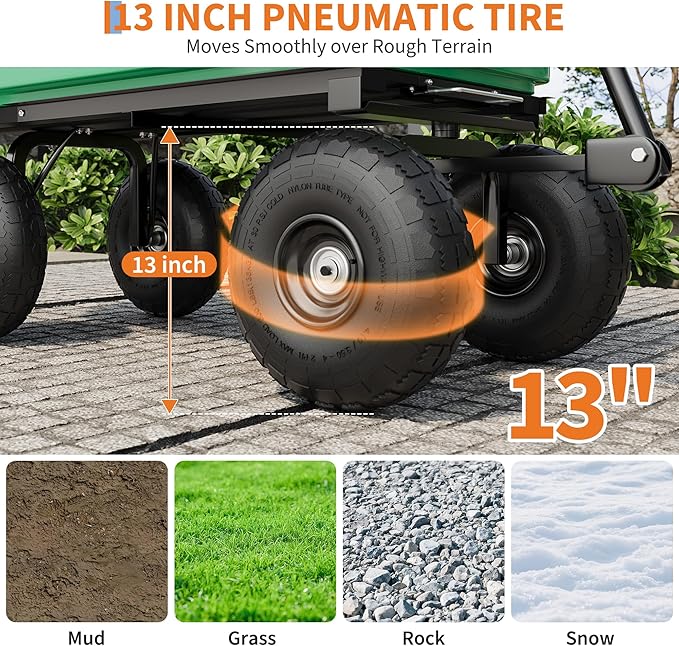 Garden Dump Cart - 1200Lb Capacity Heavy Duty Yard Utility Garden Cart with Removable Dump Bed, All-Terrain Tires & 180° Adjustable Handle for Soil, Plants, Tools