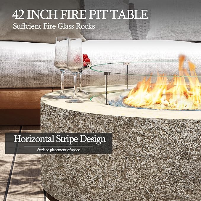 UPHA 42-inch Outdoor Propane Gas Fire Pit Table 50000 BTU Concrete Rectangle FirePit for Outside Patio with Propane Tank Cover, Wind Guad, Blue Glass Rocks, Rain Cover, Beige Texture